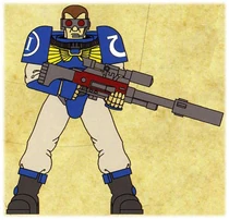 Ultramarines Scout Marine armed with a modified Sniper Rifle
