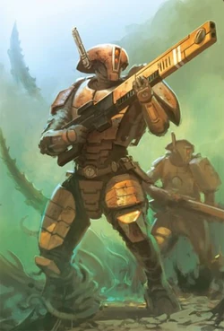 A T'au Fire Warrior unleashing his  in combat.