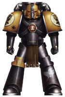 A Pre-Heresy Imperial Fists Legion Assault Squad Astartes; note that this Legionary is wearing the predominately black heraldry of a veteran of the catastrophe of the War of the Howling Gyer, as well as the Great Crusade Veteran's Cross; the symbol on his chest armour marks his unit as serving in fortress defence, the lightning bolts indicating its participation in the Terran Unification Wars