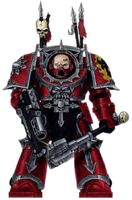 A Chaos Terminator of the Sons of Damnation, a warband comprised of a single squad of the Word Bearers Legion, wearing Indomitus Pattern Terminator Armour and armed with a Melta Gun and a Power Mace