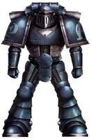A XXth Legion Veteran Legionary in Mark II Crusade Pattern Power Armour; note that this armour bears the older forms of iconography observed in use by the XXth Legion throughout the early period of the Great Crusade, symbols later almost entirely replaced by the Hydra iconongraphy