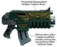 Master-crafted Ultima Pattern Bolter, Drake's Roar, utilised by the Salamanders Chapter.