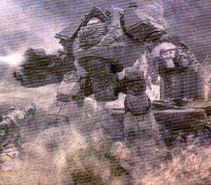 An ancient pict-capture of a Death Guard Legion Contemptor Dreadnought in combat on the surface of Istvaan III