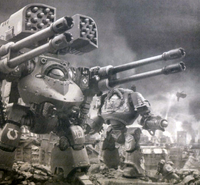 An ancient pict-capture of an Ultramarines Deredeo Pattern Dreadnought and Contemptor Pattern Dreadnought during the Horus Heresy.