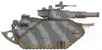 A Leman Russ of the 61st Death Korps of Krieg Tank Regiment; this tank has modifications to its rear to help it travel across trenches