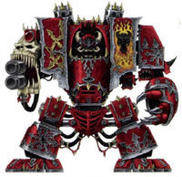 The Hell Feaster, a Ferrum Infernus Dreadnought of the Foresworn warband of the Word Bearers Traitor Legion, armed with twin-linked Lascannons and a Dreadnought Close Combat Weapon.