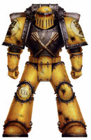 Pre-Heresy Imperial Fists Sergeant clad in Mk III Power Armour. Note the crossed mace heraldry granted in recognition of his actions during the defence of the frigate Eon of Stone in 856.M30. Extensive battle damage sustained during the defence of the Bastion Kvet during the invasion of Manachea.