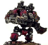 A Chaos Sonic Dreadnought of the Emperor's Children armed with twin-linked Sonic Blasters and a Dreadnought Chainfist.