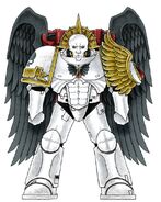 An Angels Encarmine Sanguinary Guard wearing his Chapter's traditional alabaster white Power Armour