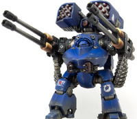 An Ultramarines Legion Deredeo Pattern Dreadnought armed with twin-linked Anvilus Autocannon Battery, an Aiolos Missile Launcher, and hull-mounted twin-linked Heavy Flamers