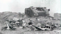 A Land Raider Redeemer crossing the battlefield.