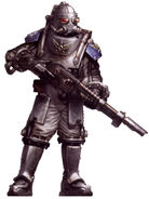 An Auxiliary of the Imperial Army's Solar Auxilia holding a Kalibrax V-1 Pattern Lasrifle