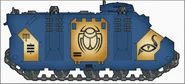 A post-Heresy Thousand Sons Rhino armoured personnel carrier of the Blades of Magnus thrallband.