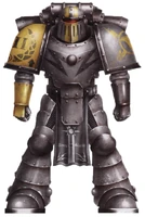 A Pre-Heresy Imperial Fists Legion Tactical Squad Marine of the VII Legion in Unification Wars-era livery, wearing an early variant of Mark II Crusade Pattern Power Armour; the eagle and lightning flash device called the Raptor Imperialis on the left shoulder pauldron makes it likely the warrior was a veteran of the very first wave of Imperial Compliance actions fought beyond the Sol System; of particular note is the use of yellow heraldry on several segments of the Legionary's armour; limited to the right arm and shoulder, this dates the Legionary's original induction to just after the Fall of Roma.