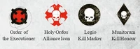 Battle honours, campaign markers and similar badges of prestige commemorate impressive kills as well as heroic actions performed upon the battlefield by the Knights of the Questor Imperialis.