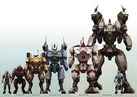 T'au Battlesuit size comparison, from left to right: Fire Warrior in Combat Armour, XV25 Stealthsuit, XV8 Crisis Battlesuit, XV8-05 Enforcer Crisis Battlesuit, XV88 Broadside Battlesuit, XV104 Riptide Battlesuit, and XV02 Pilot Battlesuit