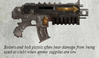 A Black Legion Bolter, often used as a club in melee combat once ammunition runs low