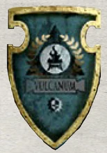 Legio Vulcanum livery shield affixed to the Warlord-class Titan Vengeance's Messenger