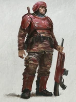 Infantry of the Cadian 108th "Crimson Guard" wear red Flak Armour over their red and tan fatigues