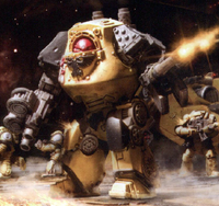 A pict-capture of an Imperial Fists Legion Contemptor Pattern Dreadnought during a void boarding action