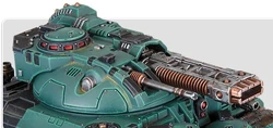 A Volkite Cardanelle deployed as the main turret weapon on a  Kratos Heavy Assault Tank.