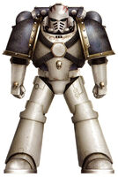 Traitor World Eaters Legionary wearing Mark IV Maximus Pattern Power Armour; more than likely this Astartes is a recent initiate into the ranks of the XIIth Legion just before the Istvaan III Atrocity, due to the condition of the armour and the lack of full Legion heraldry (as this was customarily an earned right of service); note the recent issue Mark IV Maximus Pattern Power Armour and the red striations on the helm which are a personal decoration echoing the psycho-surgical cortex implantation of all World Eaters Astartes.