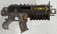 A Bolter employed by the Heretic Astartes of the Black Legion, often used as a club once its ammunition runs low