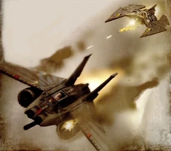 Stricken Imperial  fighter of the 75th Goran Goshawk Wing over Lyubovhive.