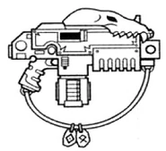 A Mark IV "Fenris" Pattern Bolter utilised by the Space Wolves Chapter.