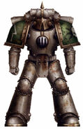 Pre-Heresy Death Guard Legionary Sollan Gath, 33rd Tactical Squad, 6th Great Company. His power armour is a hybrid pattern incorporating elements of Mark III battle plate, combined with sections wrought to his Legion's specifications.
