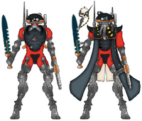 Sicarian Infiltrators of the Agripinaa Forge World armed with Power Swords and Stubcarbines. Note: Agripinaa's soldiery wear the sacred red and black heraldry of Mars in reverse. Detractors amongst Mars imply Agripinaa's sense of truth and logic is likewise inverted.