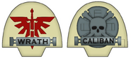 Deathwing Terminator Sergeant Isiah's shoulder guards -- both shoulder guards are embellished with devotional scrolls, while his left knee carries a heraldic device to identify his squad.