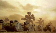 Titans from the Legio Astorum supporting a Death Korps of Krieg Imperial Guard armoured battlegroup