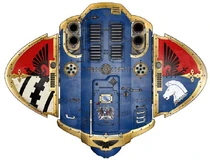 Knight Errant Voltoris Undaunted (top view). Note: Personal heraldry appears in numerous places on the Knight, including its left knee plate.