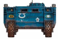 Rhino APC of the Ultramarines 2nd Company; this vehicle is currently assigned to the company's 4th Tactical Squad; front view shown.