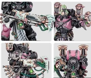 A detailed look at Emperor's Children Noise Marines, including their Sonic Blasters, the rear of a backpack-mounted Doom Siren, and in the upper right, a Disharmonist's Screamer Pistol.