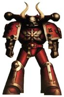 A Chaos Space Marine of The Sanctified, a known Renegade warband that broke away from the Word Bearers when they embraced the sole worship of Khorne