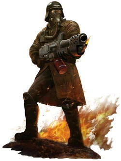 A typical Armageddon Steel Legion Guardsman who is equipped with a steel helmet, gas mask and respirator, heavy trench coat and armed with a .