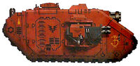 A Land Raider Achilles of the Blood Angels Chapter; the single yellow blood drop symbol indicates that it is attached to the Chapter's 2nd Company.