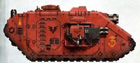 A Land Raider Achilles of the Blood Angels Chapter; the single yellow blood drop symbol indicates that it is attached to the Chapter's 2nd Company.