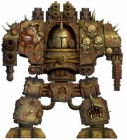 A Ferrum Infernus Dreadnought of the Death Guard Traitor Legion, armed with twin-linked Lascannons and a Dreadnought Chainfist.