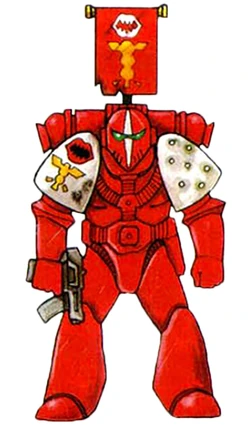 An  of the Flesh Eaters outfitted in ; the Apothecary's status is depicted by the white shoulder pauldrons.