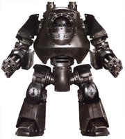 An ancient depiction of the Iron Hands Legion Contemptor-Mortis Dreadnought Veneratii Urien of the Order Quarii, Clan Vurgaan; Veneratii Urien was armed with a pair of Kheres Pattern Assault Cannons