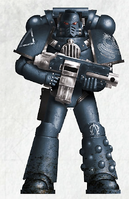 Brother Anaspus, Guardian of the Intensifying Flame, a Pre-Heresy Alpha Legion Astartes wearing Mark IV Maximus Power Armour and armed with a Boltgun.