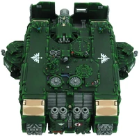 A Land Raider Ares of the Dark Angels Space Marine Chapter, rear dorsal view