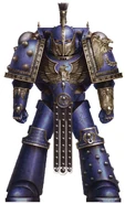 Ultramarines Legion Invictarus Suzerain, note that he is wearing Mark IV Maximus Pattern Power Armour with adapted motifs drawn from the heraldry of the Battle-kings of Macragge and the armies of Terra, including the lightning bolts and Raptor Imperialis of Terran Unification and the eagle of the Imperium.