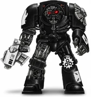 An Iron Hands Chapter Terminator armed with a Storm Bolter and numerous bionic enhancements.