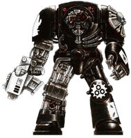 An Iron Hands Chapter Terminator armed with a Storm Bolter and numerous bionic enhancements