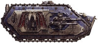 Night Lords Legion Spartan Assault Tank (Designation Unknown); this vehicle bears terrifying symbols of death and woe, often drawn from the bloody culture of Nostramo, but in most cases universal to all human cultures.