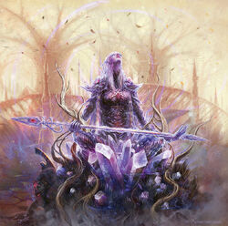 An   sits meditating inside the Dome of Crystal Seers while her body begins to turn into crystal and take root.